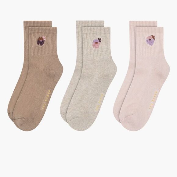 Ted Baker Earth Tones High Quarter Crew Floral Embroidery Stretch Socks 3pk - Picture 2 of 16